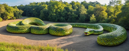 3D Rendering of a green snake in the park on a sunny dayの素材