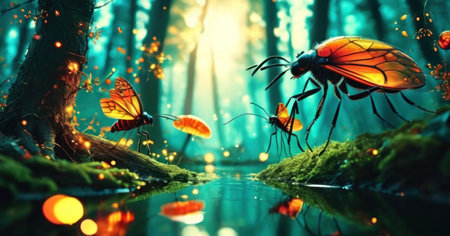 Fantasy scene with insects in the forest. 3d illustration.の素材
