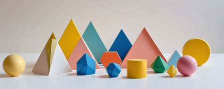 3d rendering of geometric shapes in different colors on a white backgroundの素材