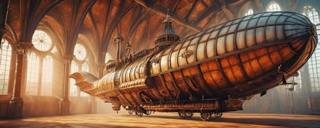3d rendering of an old airship in the interior of a castleの素材