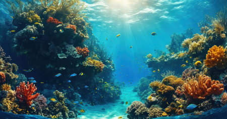 Underwater view of coral reef and tropical fish, underwater landscape.の素材