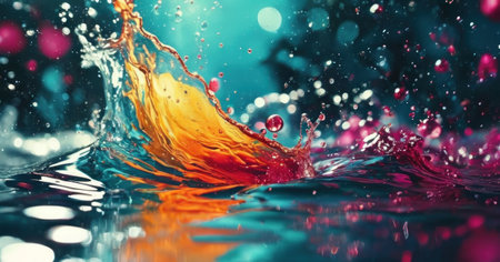 Falling drops of water. Splash effect after collision a falling drops with water Surfaceの素材