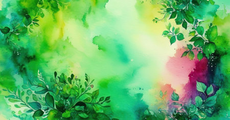 Abstract watercolor background with green leaves. Hand-drawn illustration.の素材