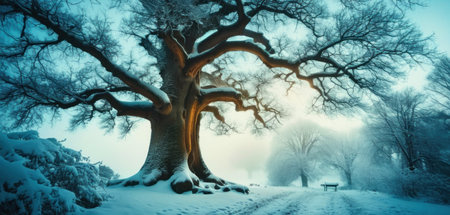 Old oak tree in winter forest at sunset. Panoramic imageの素材