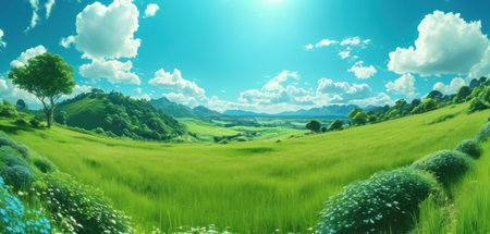 Green meadow and blue sky with white clouds. 3d renderingの素材