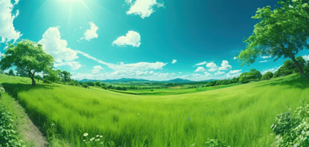 Green meadow and blue sky with white clouds. 3d renderingの素材
