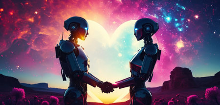 Two female robots shaking hands with each other in front of a full moon.の素材