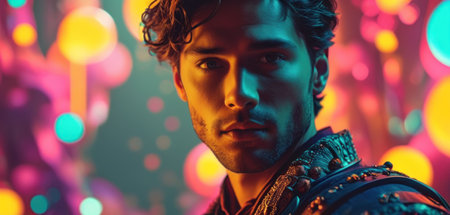 Portrait of a handsome young man in a black leather jacket on a background of colored lights.の素材