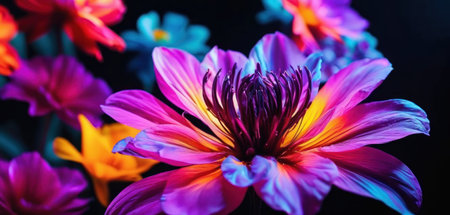 Beautiful purple and yellow dahlia flowers on black background.の素材
