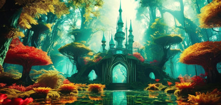 Fantasy landscape with castle in the forest. 3D rendering.の素材