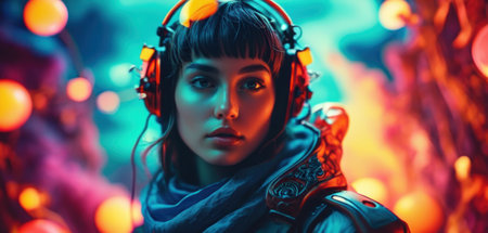 Portrait of a futuristic girl with headphones and glowing neon lights.の素材