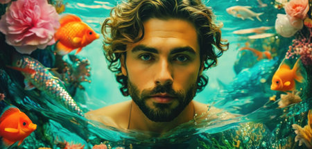 Handsome young man with a beard in the aquarium with fishesの素材