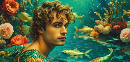 Fantasy portrait of a young man in the underwater world. The mermaid looks at the fish.の素材