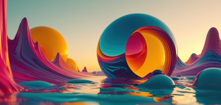 3d render of abstract background with colorful waves and sun rays.の素材