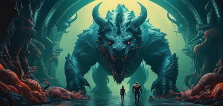 3D rendering of a monster with a woman in a futuristic environmentの素材