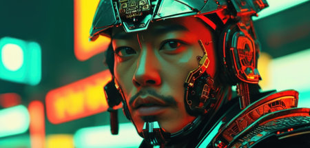 Portrait of a male cyborg in a futuristic space suit.の素材