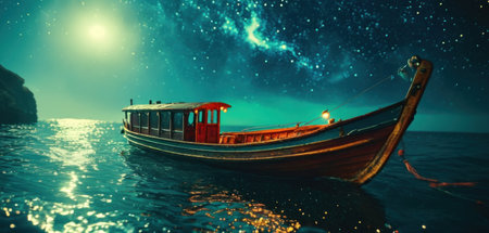 Fantasy boat in the sea with starry sky. 3d renderingの素材