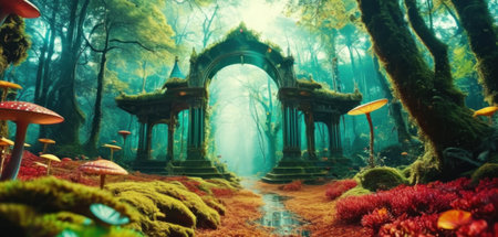 Fantasy landscape with fantasy gate in the forest. 3d renderingの素材