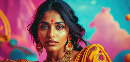 Indian young woman in saree on colourful background. Traditional Indian costume.の素材