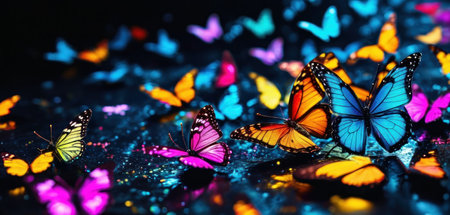 Multicolored butterflies on a dark background. Selective focus.の素材