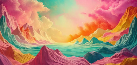 3D illustration of abstract landscape with mountains and ocean at sunset.の素材