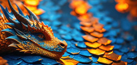 Dragon statue on blue background. Close up of colorful dragon statue.の素材