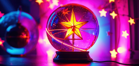 Crystal ball with shining star inside. Christmas decoration. Holiday background.の素材