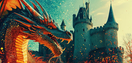 Fantasy dragon with castle in the background. 3d illustration.の素材