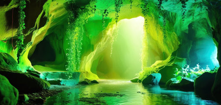 Fantastic illuminated cave in green neon light. 3D renderingの素材