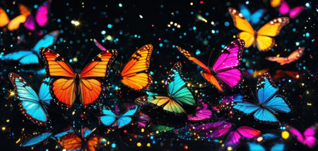 Multicolored butterflies on a black background with bokeh.の素材