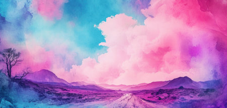 Abstract watercolor landscape with mountains and sky. Digital art painting.の素材