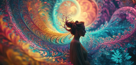 Fantasy image of a beautiful woman with long hair in a fantasy forest.の素材