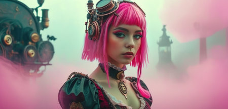 Close-up portrait of a girl with pink hair in a steampunk styleの素材