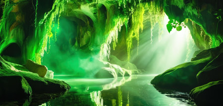 Beautiful dark green cave with crystal clear water and light rays.の素材