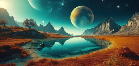 Fantasy alien planet. Mountain and lake. 3D Illustrationの素材