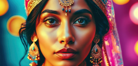Close-up portrait of beautiful indian woman with bright makeup.の素材
