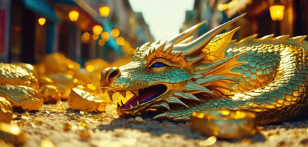 Golden dragon statue in the street of Bangkok, Thailand. Selective focus.の素材