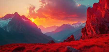 Beautiful sunset over the mountains. Panoramic view. 3d renderingの素材