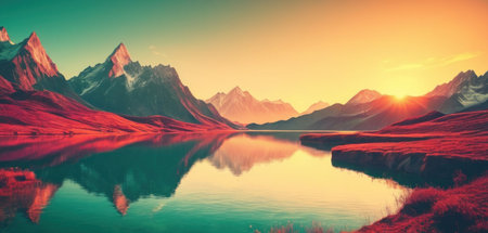 Mountain landscape. Sunrise over the lake. 3D Renderingの素材