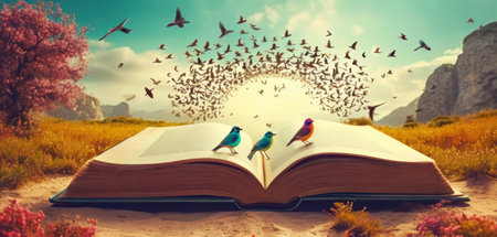 Composite image of birds flying over open book against beautiful landscapeの素材