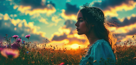 Beautiful young woman in a meadow at sunset with flowers.の素材