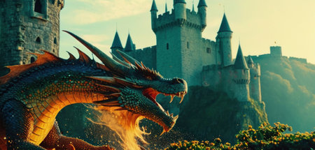 Fantasy landscape with fantasy dragon and castle. 3d illustration.の素材