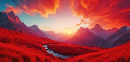 Fantasy landscape. Mountain lake at sunset. 3D illustration.の素材