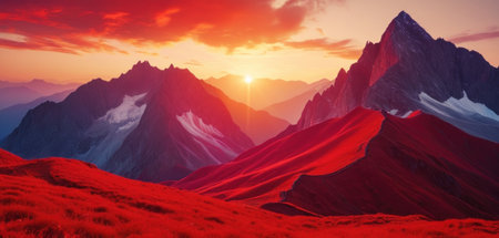Fantastic sunset in the mountains. Dramatic scene. 3d renderの素材
