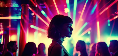 Silhouette of a beautiful girl on the background of a nightclubの素材