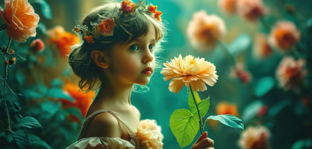 Beautiful little girl with flowers in her hair looking at the cameraの素材
