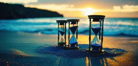 Hourglasses on the beach at sunset. Concept of time passing.の素材
