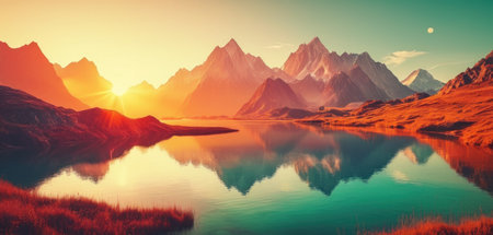 Fantasy alien planet. Mountain and lake. 3D illustration.の素材