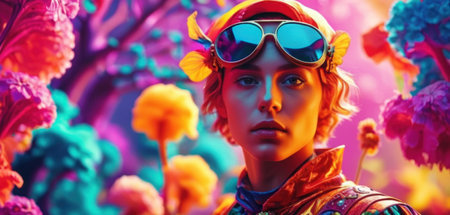 Portrait of a beautiful girl in a carnival costume on a background of bright neon lights.の素材