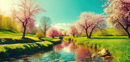 Spring landscape with a river and blooming trees. Spring background.の素材